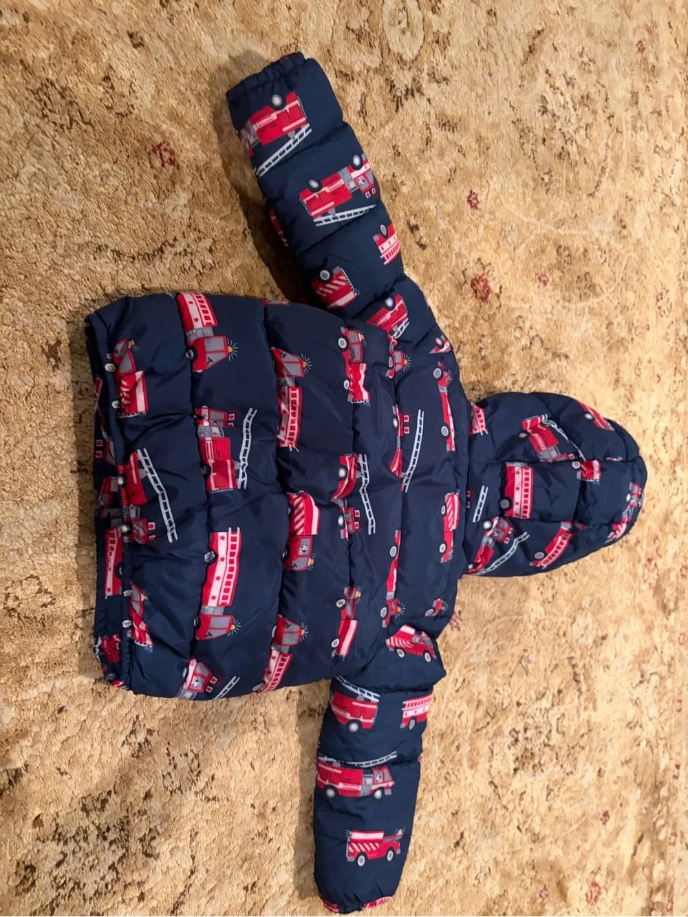 The Children's Place Navy Puffer Jacket with Red Fire Truck Print 2T like new
